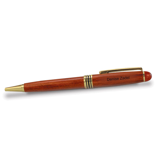 Genuine rosewood twist ballpoint pen with 24k gold-plated fittings and black ink. Laser engraving available.