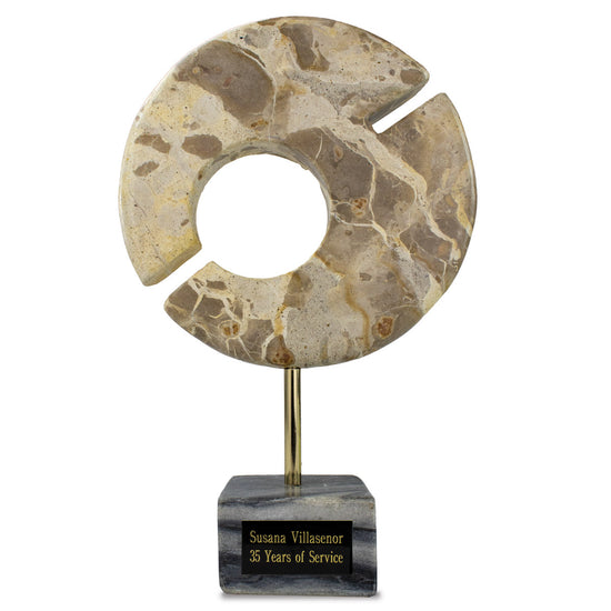 Modern recognition or retirement gift: 13-inch beige marble Circle of Distinction award with gold rod and black marble base.