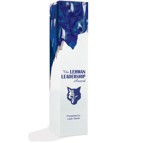 acrylic square tower award with blue swirls and custom logo