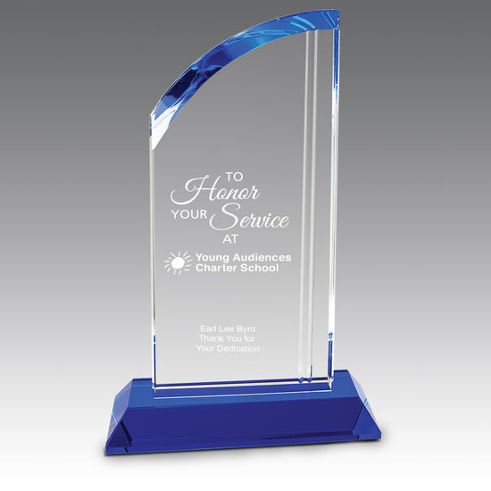 Optic crystal arch award with blue crystal base featuring etched pre-designed educational message with custom logo.