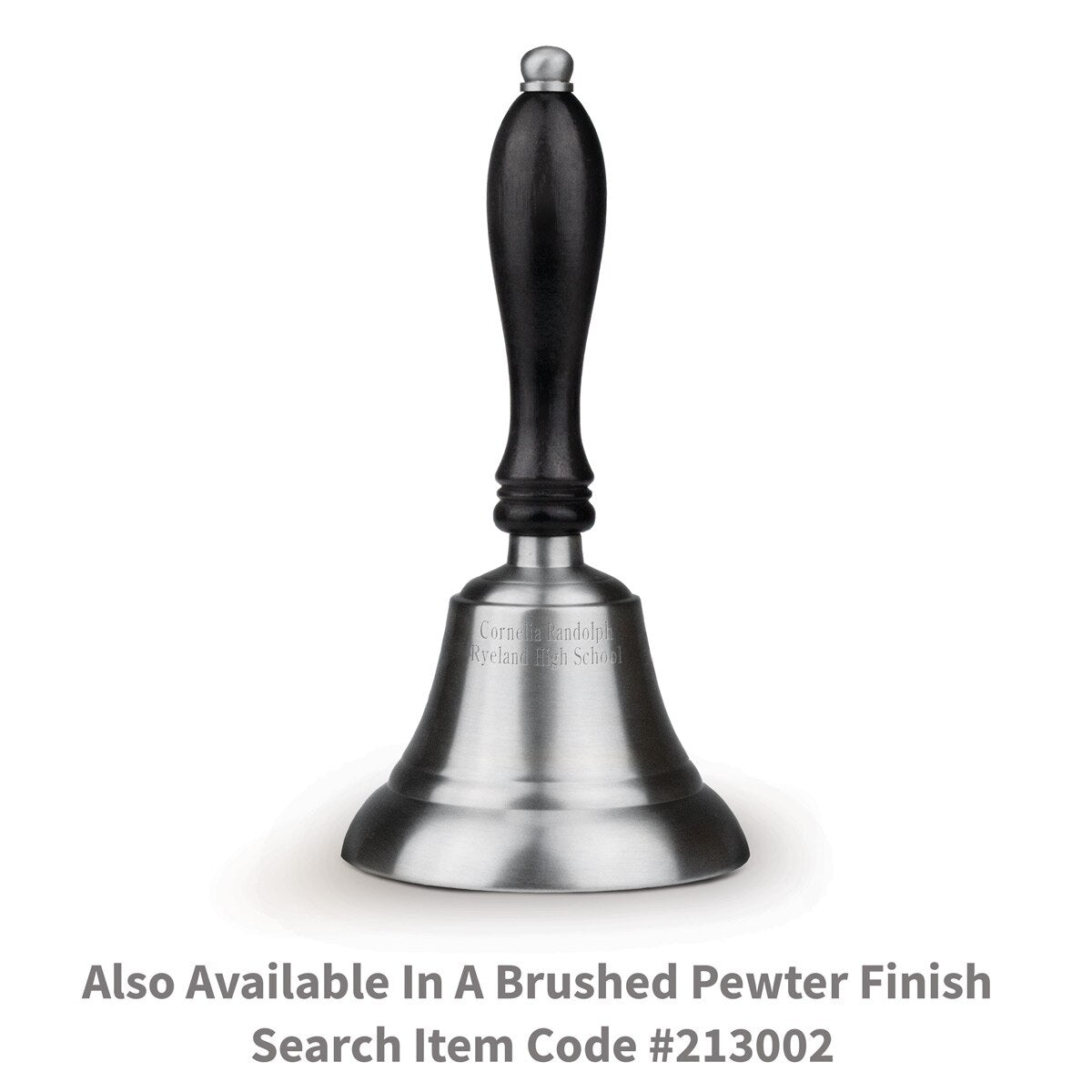 pewter bell with black wooden handle and personalization