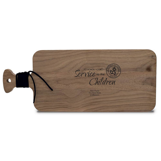 walnut charcuterie cutting board with handle and leather wrap featuring custom laser-engraved logo
