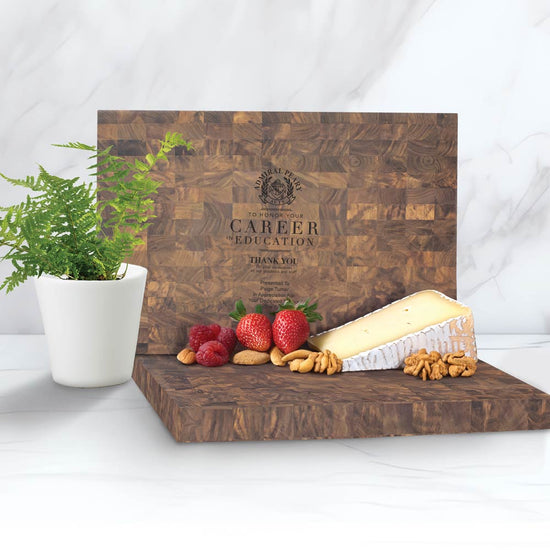 12x18x1.375 solid walnut end grain butcher block cutting board with custom laser-engraved logo.