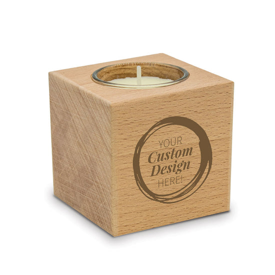3x3 solid beechwood candle holder with 2 oz. unscented soy wax votive candle in a glass holder. Includes custom logo.