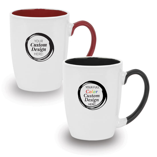 White 12-ounce two-tone ceramic mug with colorful handle that matches inner mug color. Featuring full-color customization.