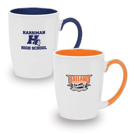 2 ceramic mugs with colorful handles featuring full-color logo
