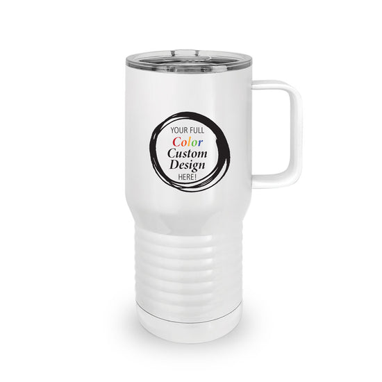 White 20-ounce stainless steel travel tumbler with handle and slider lid. Featuring full-color customization.