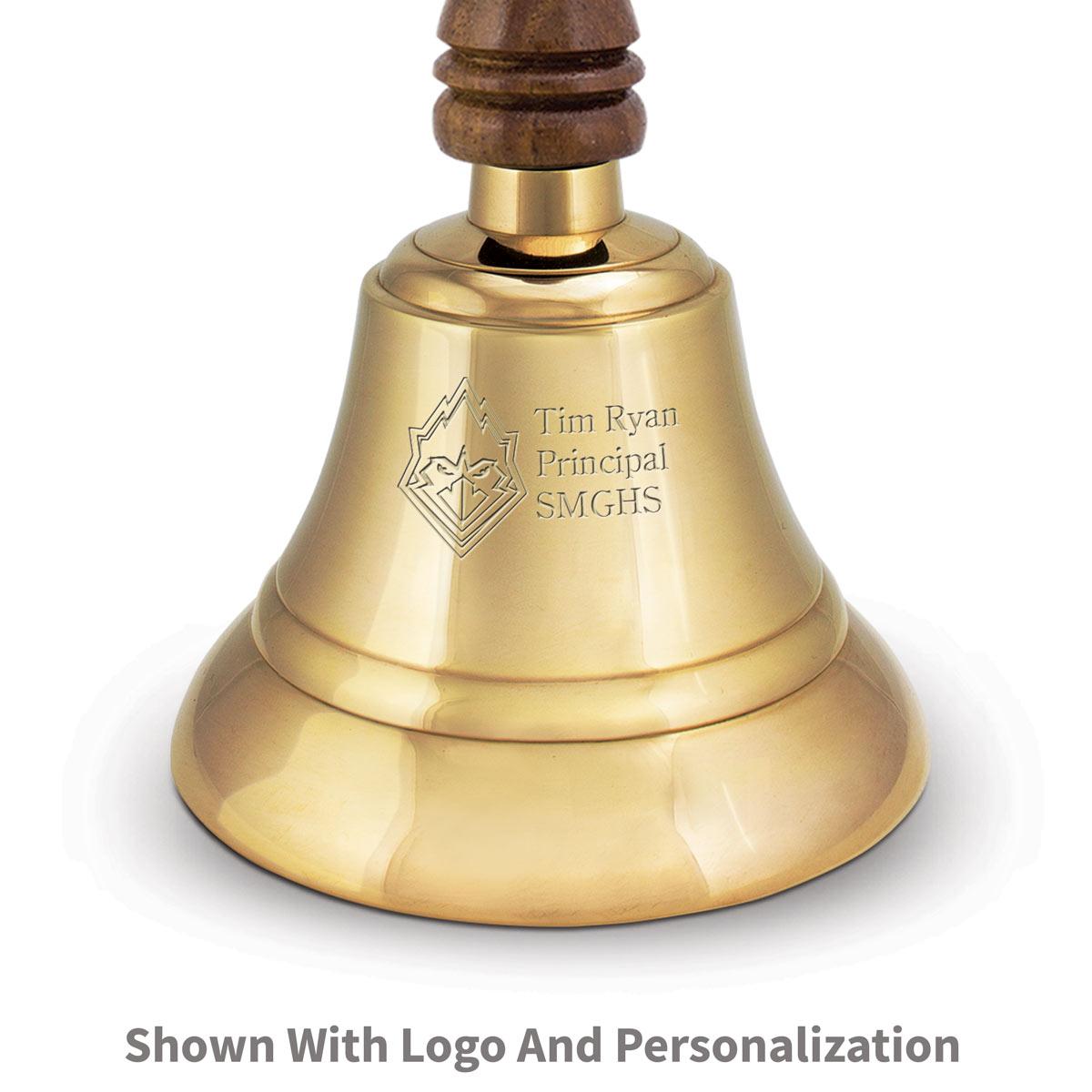 deluxe brass bell with wooden handle and personalization and logo