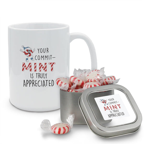 commit-mint mug and peppermint tin