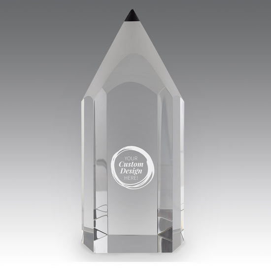 Clear optic crystal pencil trophy with frosted taper and black point. 3.25x7.75 inches. Personalized for teacher recognition.