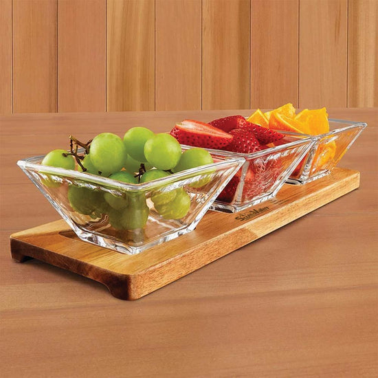 Wood serving tray with three handcrafted lead-free crystal bowls; 12x2.5 inches.