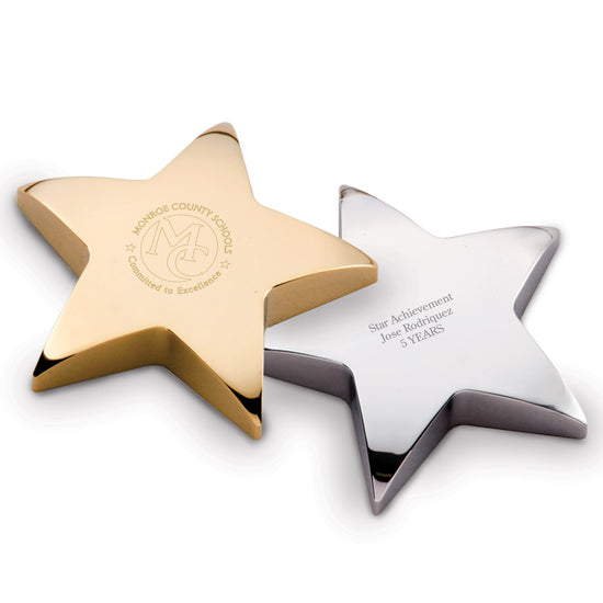 Engraved Gold Metal Star Paperweight Award. 4x4. Engraved with custom logo or personalization.