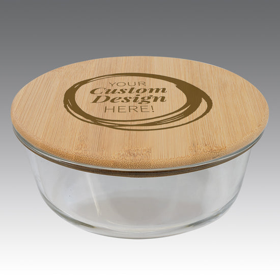 32-ounce glass storage container with round bamboo lid, featuring custom laser engraving.