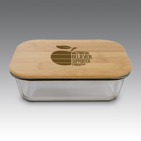 35-ounce glass storage container with rectangle bamboo lid, featuring inspirational teacher message.