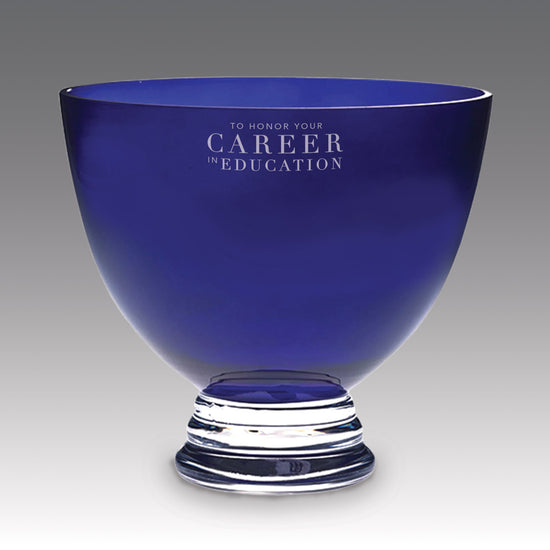 Cobalt blue crystal pedestal bowl award, 8.5x7.75 inches, etched for teacher recognition.
