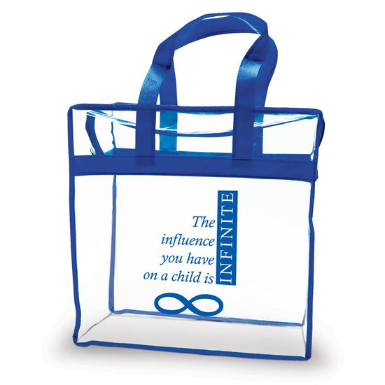 clear plastic bag with blue trim and handle with infinity message