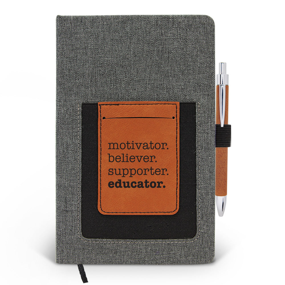 Motivator. Believer. Supporter. Educator. Canvas Journal w/ Pocket