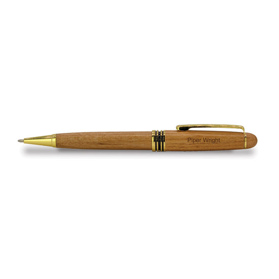 Genuine alderwood twist action ballpoint pen with 24k gold-plated fittings and black ink. Laser engraving available.