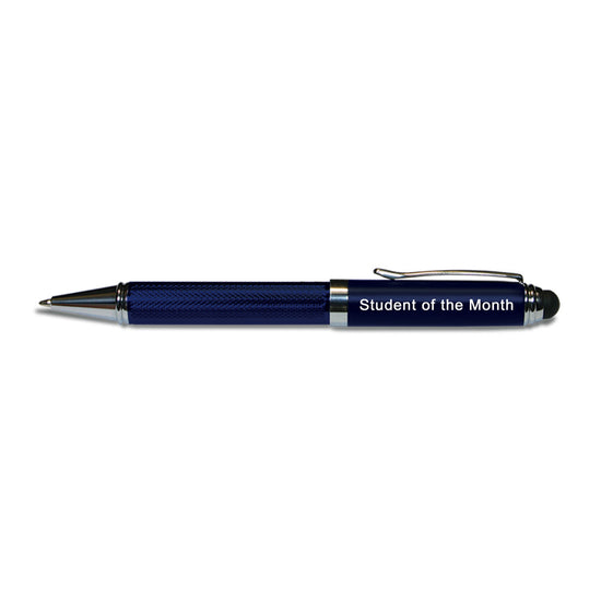Twist action ballpoint pen with touchscreen stylus, silver fittings and black ink. Laser engraving available.