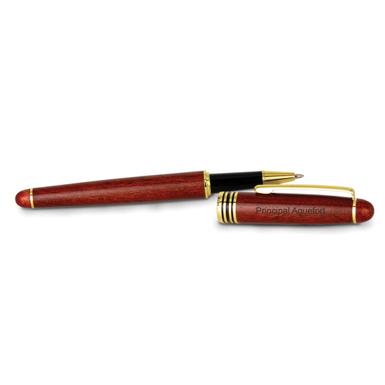 Genuine rosewood rollerball pen with pull-off cap, 24k gold-plated fittings, and black ink. Laser engraving available.