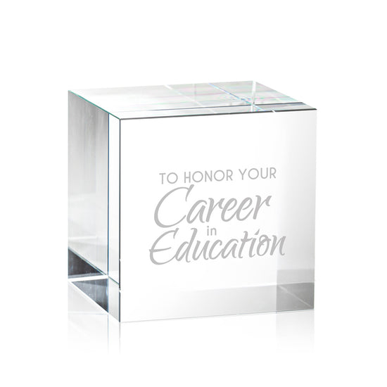 Customizable 2x2 optic crystal cube featuring laser-engraved school logo and personalization for teacher recognition.