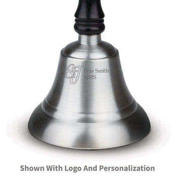 pewter bell with black wooden handle and personalization and logo
