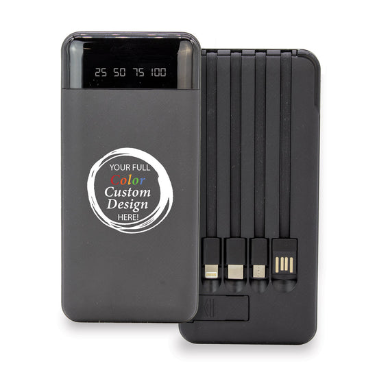 Super slim 10,000 mAh power bank with built-in charging cables for multiple devices, featuring a phone stand and flashlight.