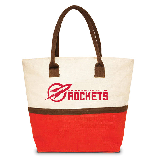 Two-tone jute tote bag with natural top and red contrast base.
