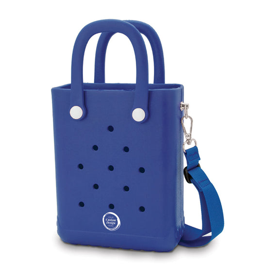 Customizable EVA crossbody tote bag with charm holes, adjustable shoulder strap, and handles. Non-slip bottom. 6 colors available.