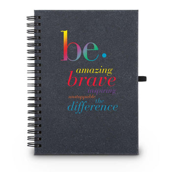 Hardbound spiral journal. Sticky notes, flags inside. Cover reads: Be. amazing, brave, inspiring, unstoppable, the difference