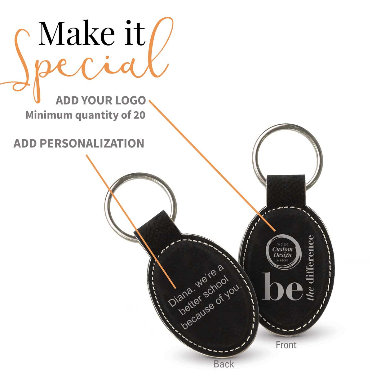 black oval leather keychain with be the difference message and add you logo