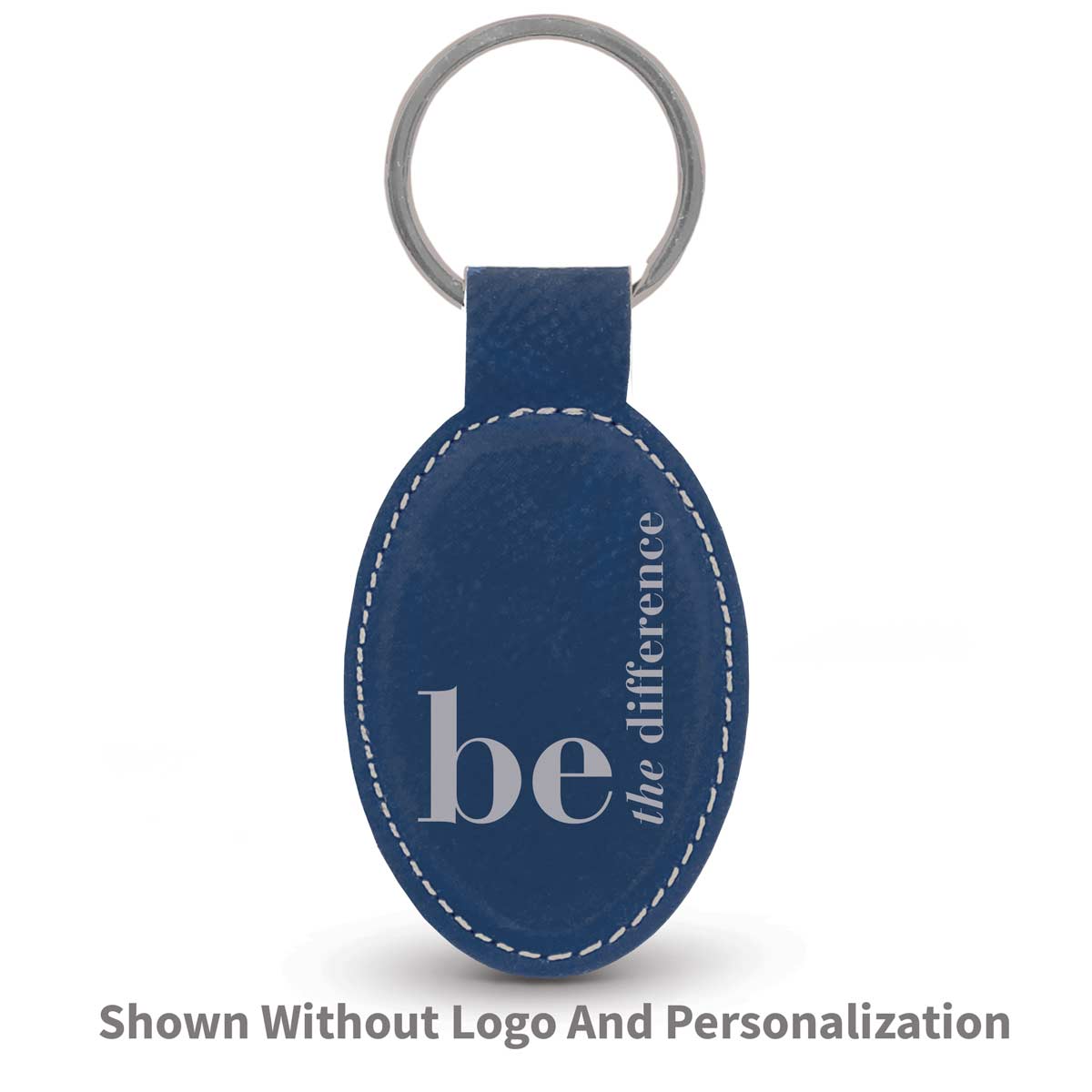 blue oval leather keychain with be the difference message