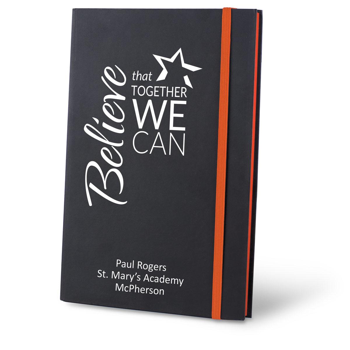 believe black journal with orange accents and personalization