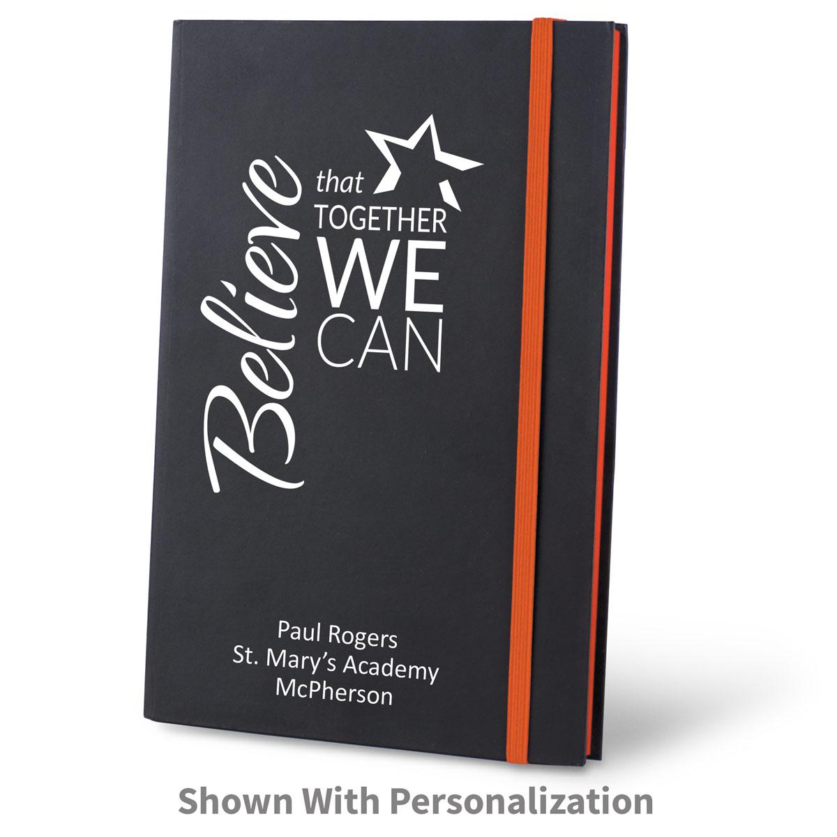 believe black journal with orange accents and personalization