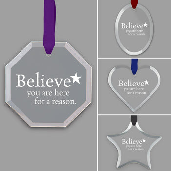 different shapes of crystal ornament with believe message and satin ribbon