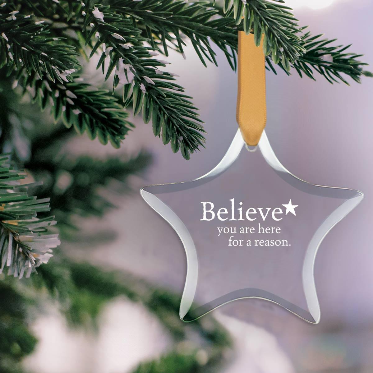 star shaped crystal ornament with believe message and gold satin ribbon