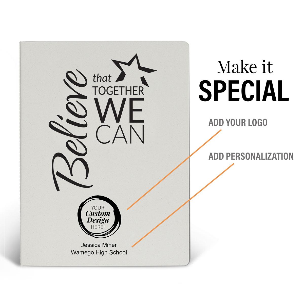 a white believe that together we can appeel grande journal with add your logo and personalization