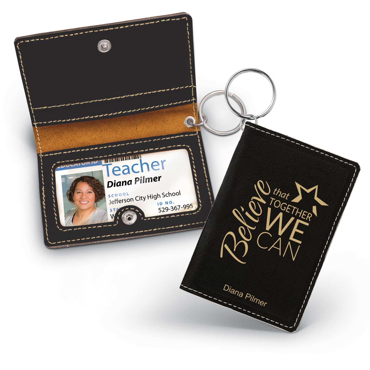 black leather id holder with believe that together we can message
