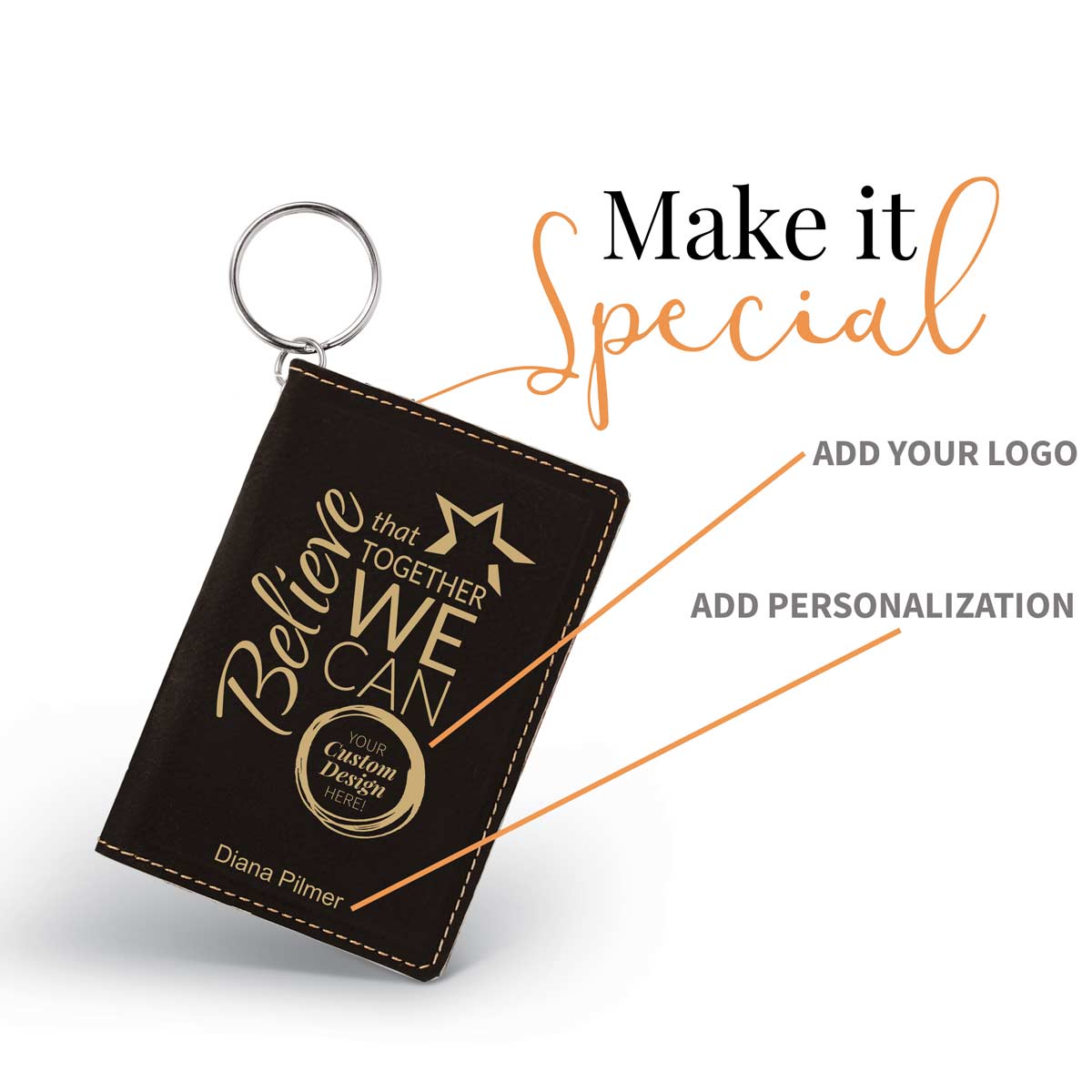black leather id holder with believe that together we can message and add you logo