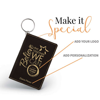 black leather id holder with believe that together we can message and add you logo