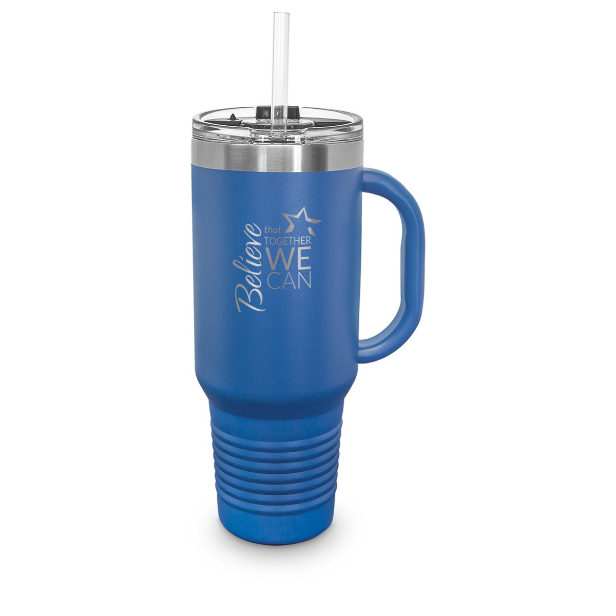 40 oz. stainless steel travel tumbler with handle and straw featuring believe that together we can message.