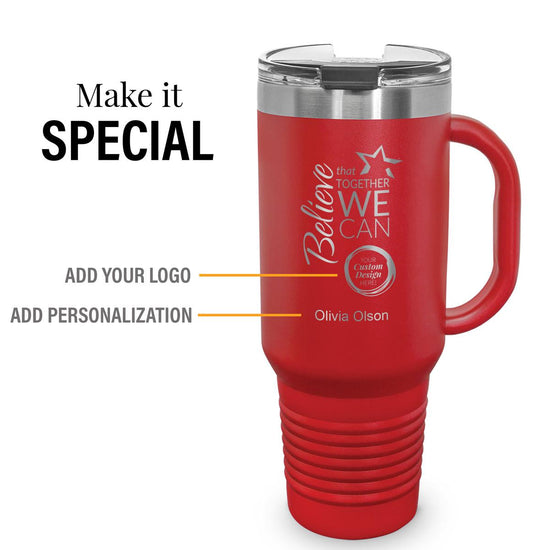 red 40 oz stainless steel travel tumbler featuring believe message with personalization and add your logo