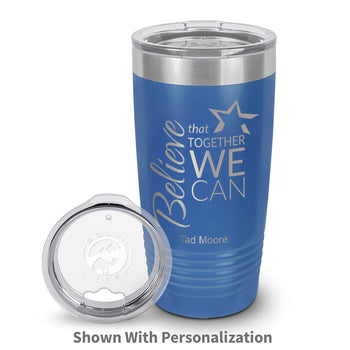 blue stainless steel tumbler with believe message and personalization