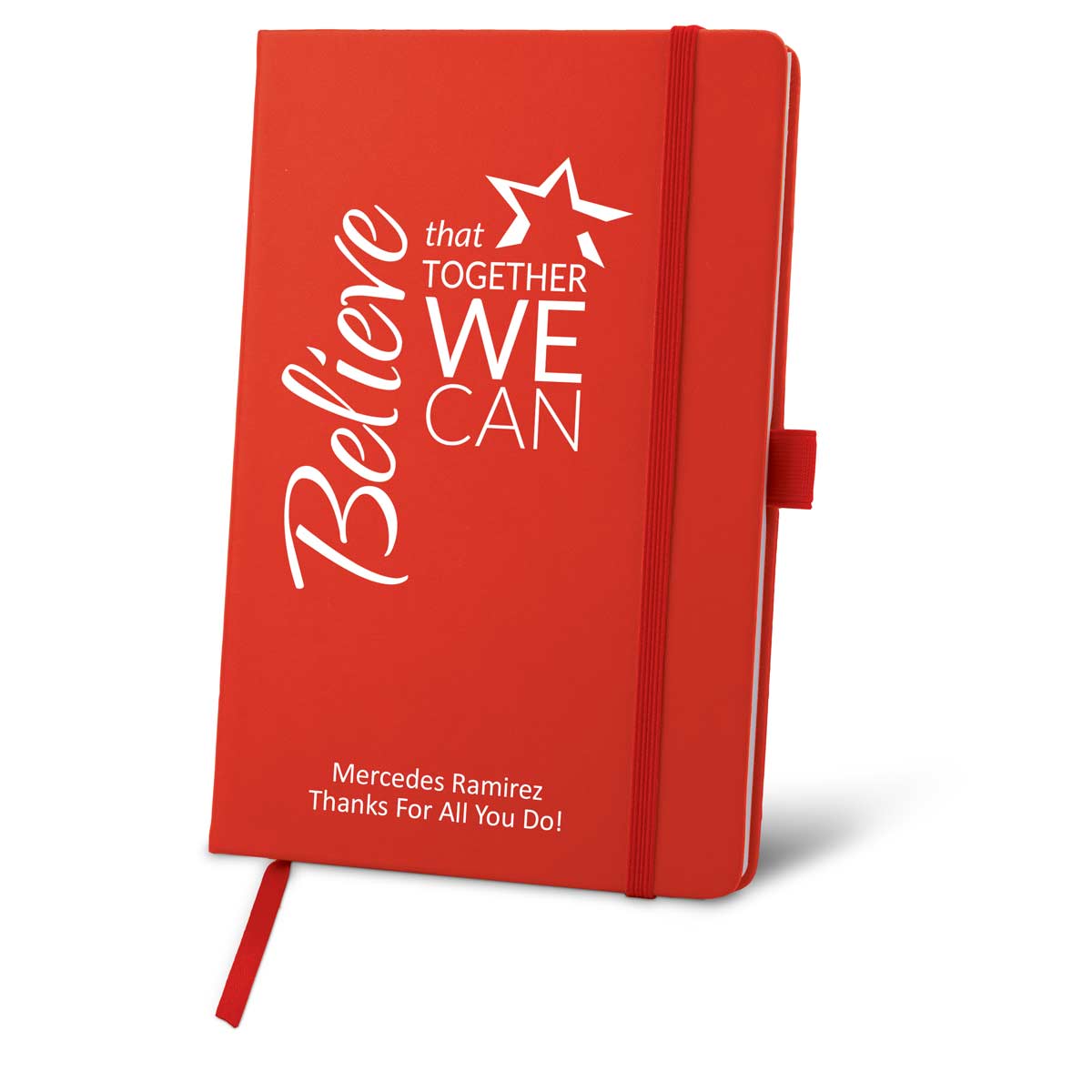 red journal with believe message and personalization