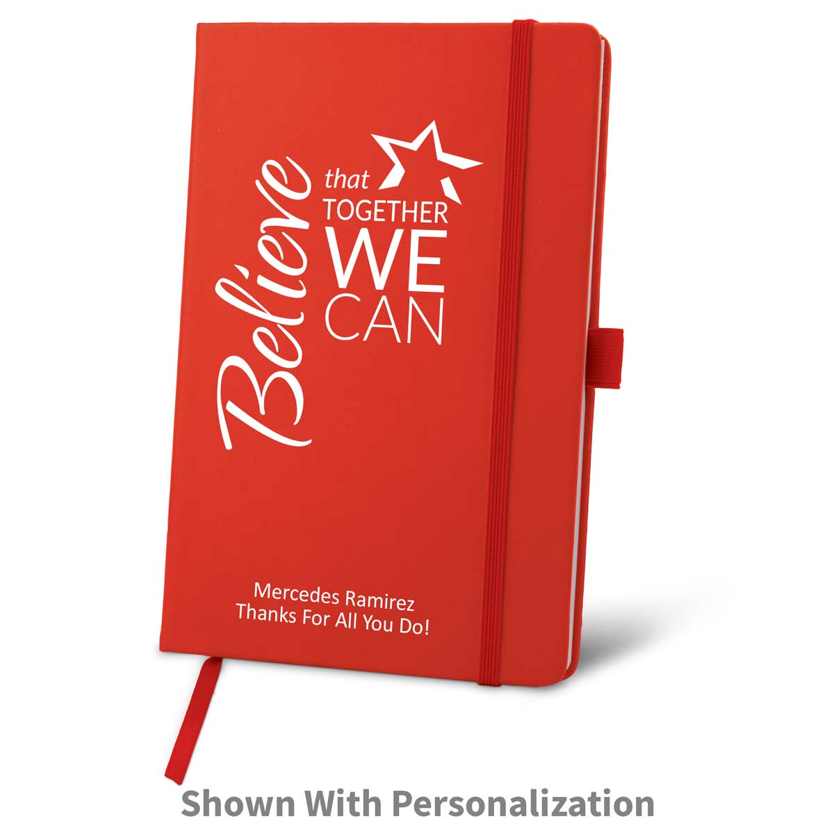 red journal with believe message and personalization