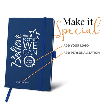 blue journal with believe message and add your logo