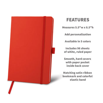 red hardbound journal with product detail features