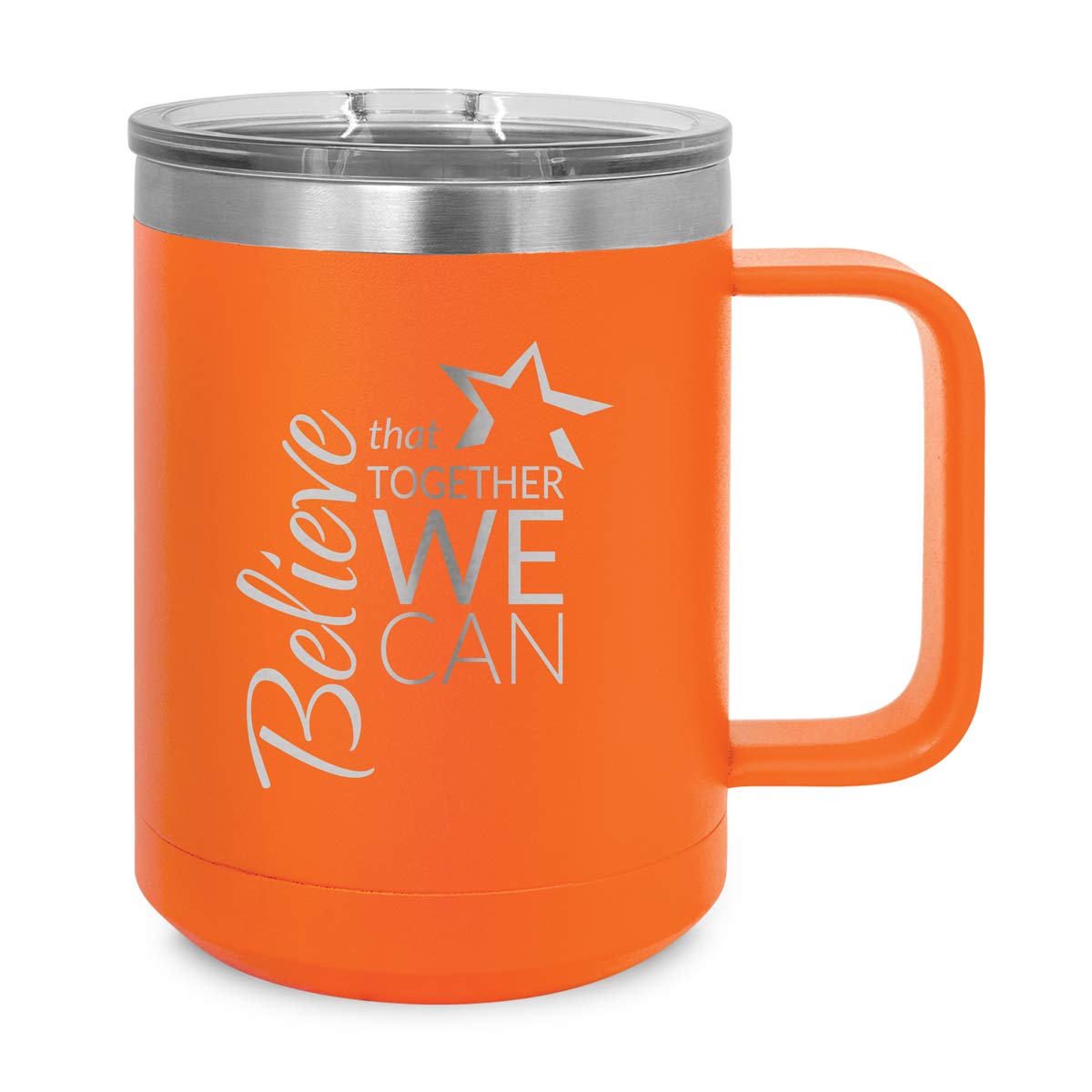 orange stainless steel mug with believe message