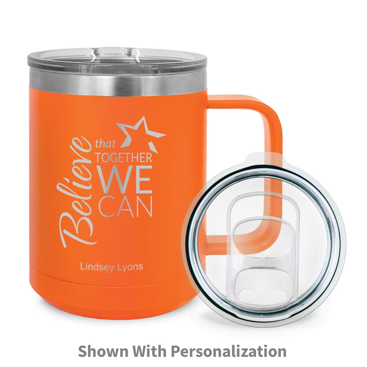 orange stainless steel mug with believe message and personalization