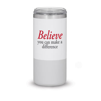 white and grey stainless steel tumbler with believe message